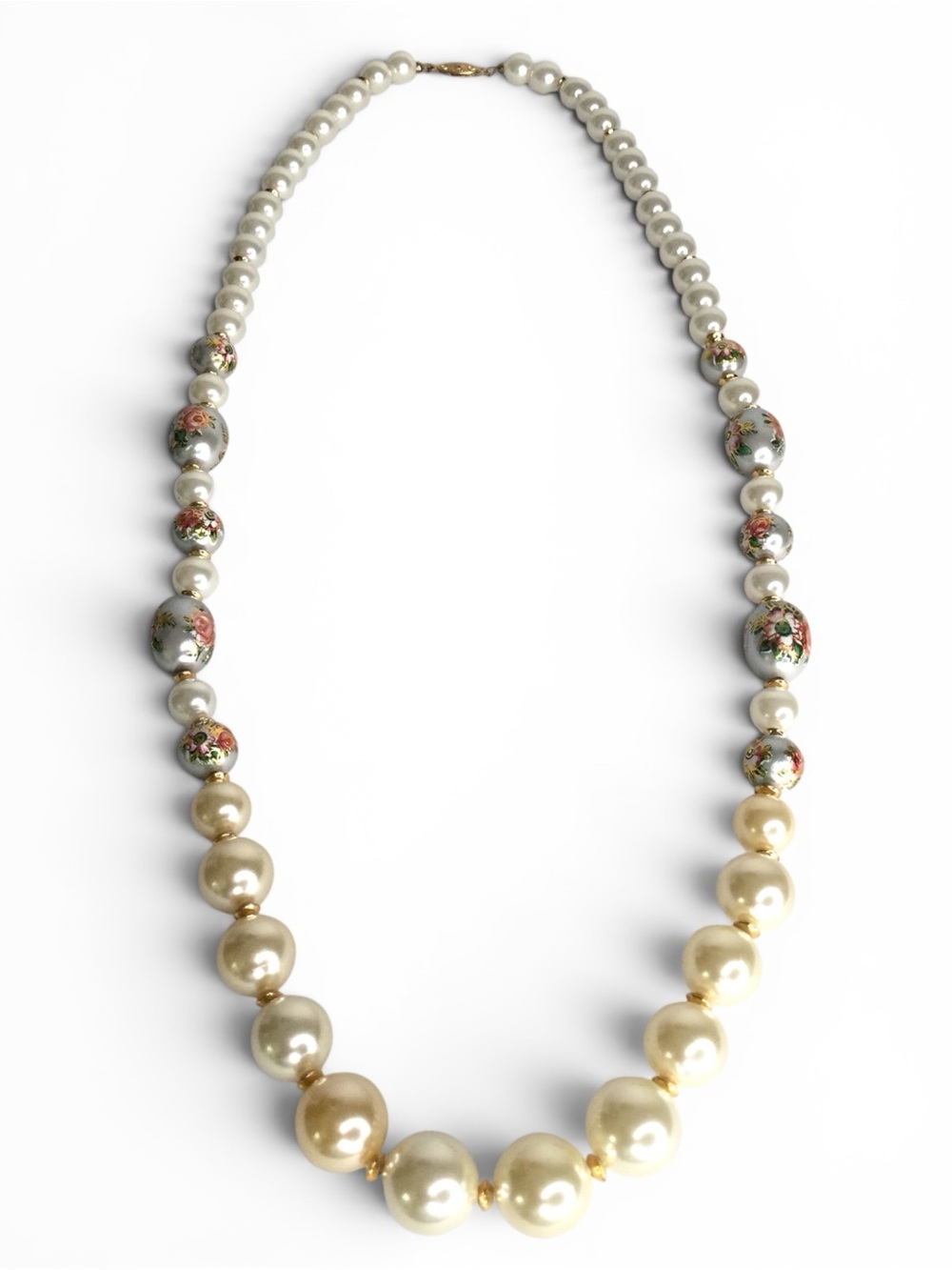 Vtg Graduated Faux‑Pearl Necklace w/ Gray Lacquered Tensha‑Style Floral Beads - Picture 4 of 15